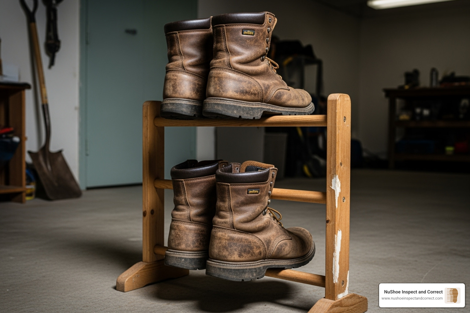 two pairs of work boots on a boot rack, illustrating rotation - stop boots from smelling two pairs of work boots on a boot rack, illustrating rotation - stop boots from smelling