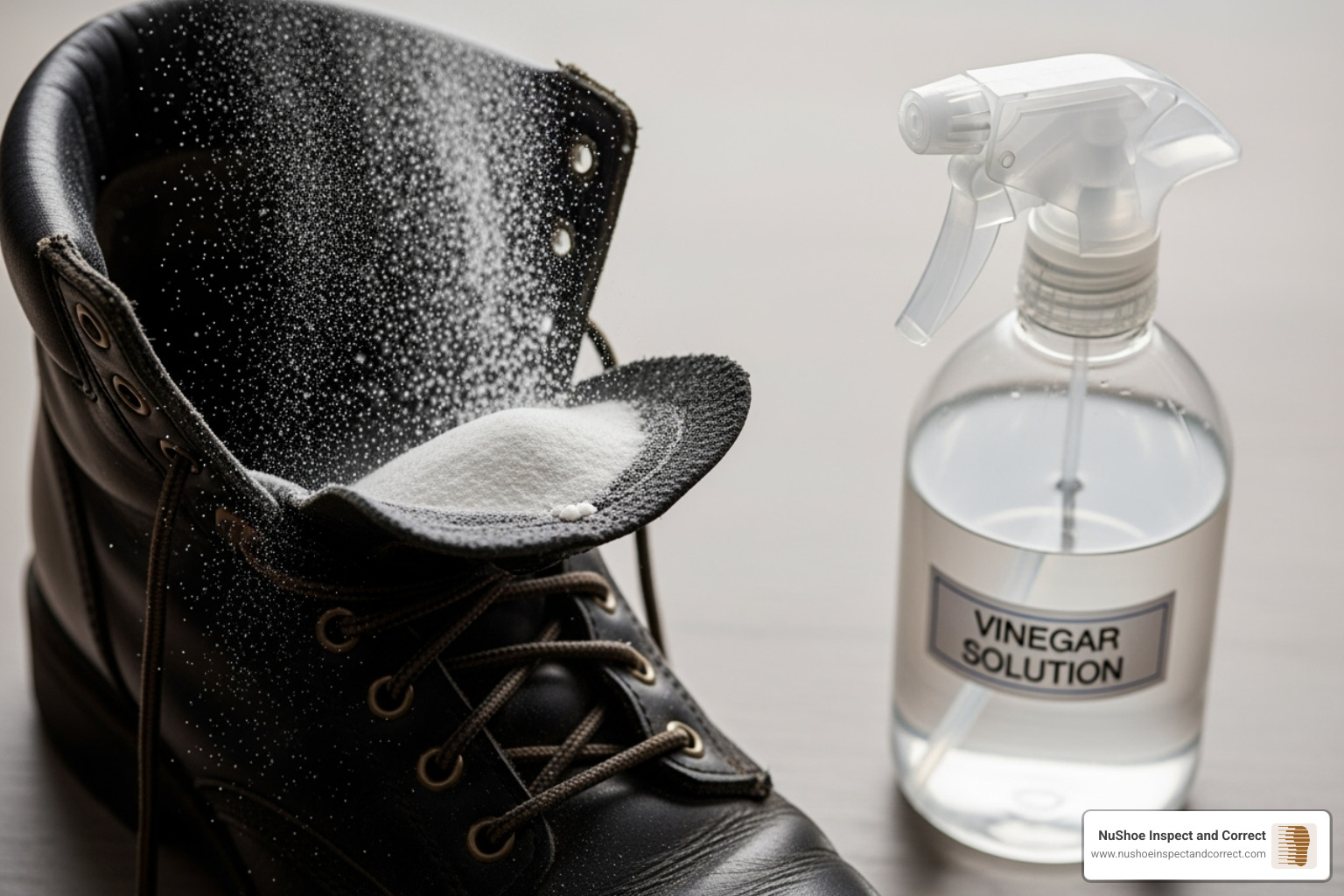 baking soda being sprinkled into a boot next to a spray bottle of vinegar solution - stop boots from smelling baking soda being sprinkled into a boot next to a spray bottle of vinegar solution - stop boots from smelling
