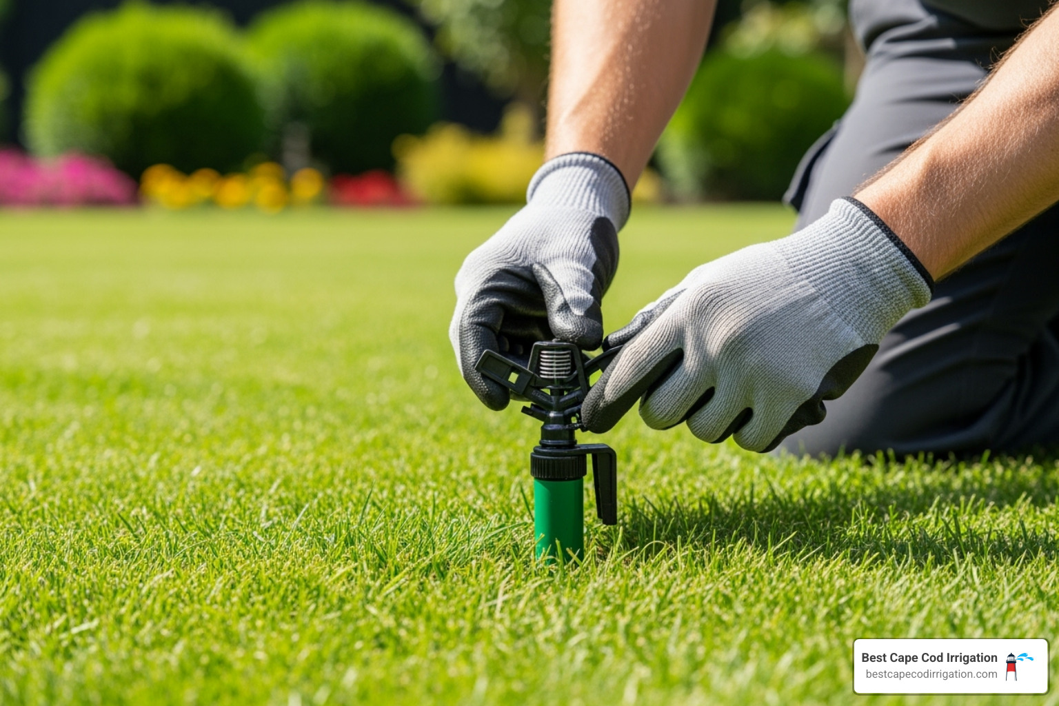 technician checking a sprinkler head for damage - affordable irrigation Cape Cod