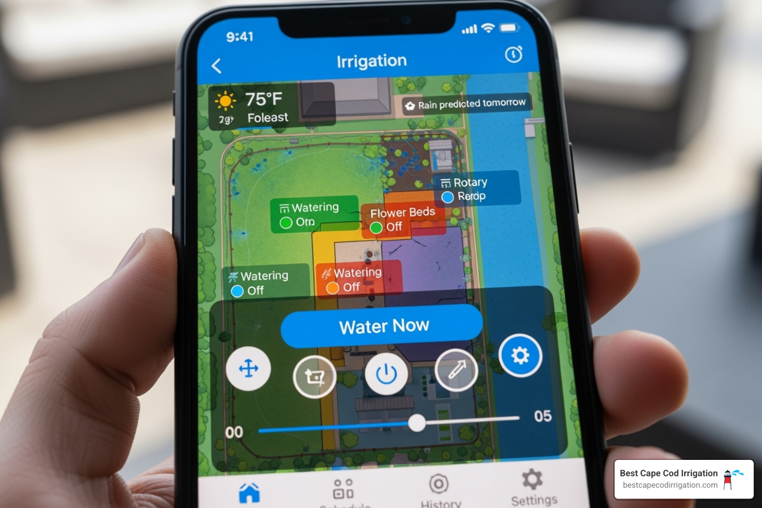 smartphone screen showing a smart irrigation control app - affordable irrigation Cape Cod