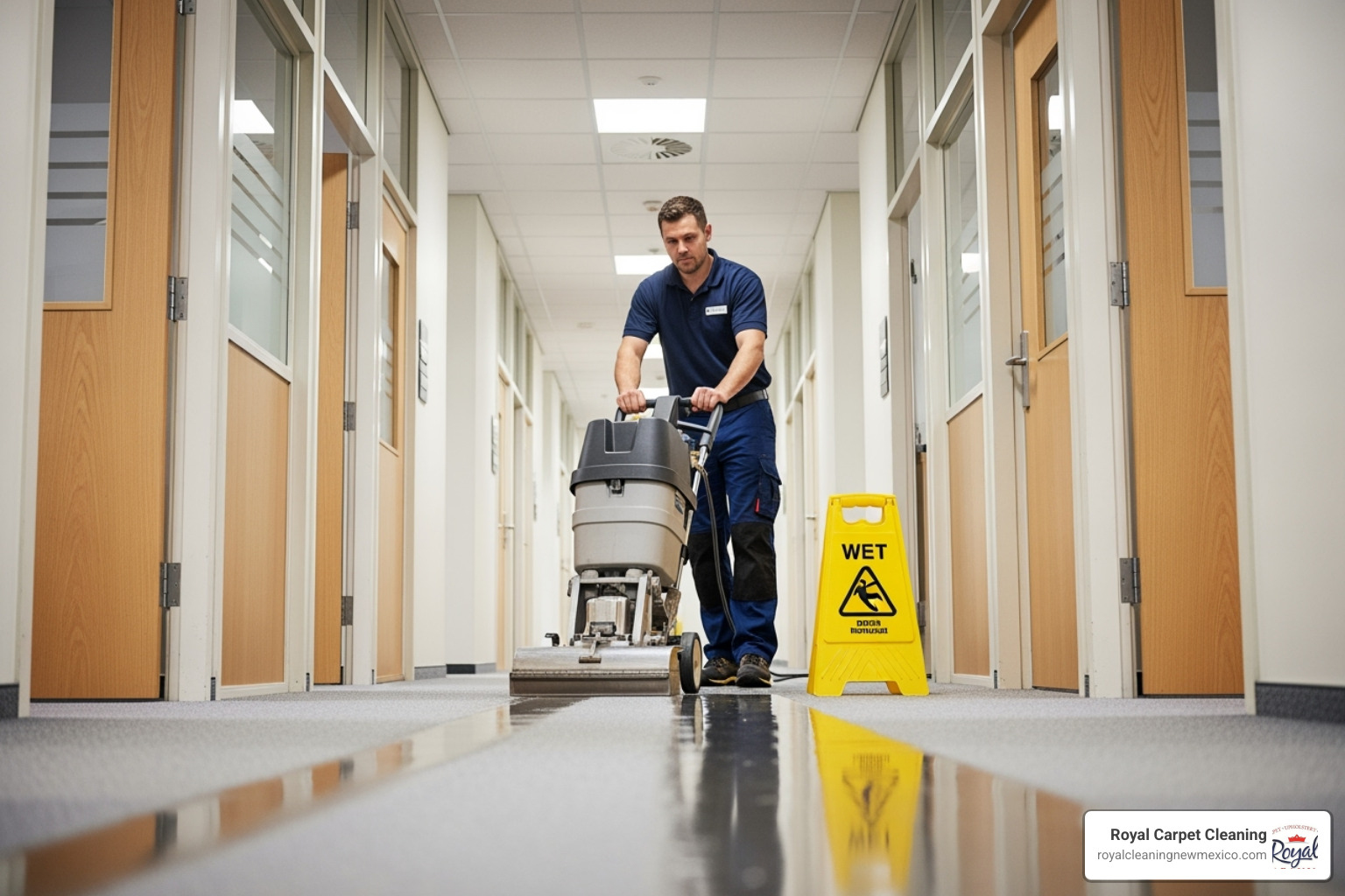 A technician using a commercial carpet cleaner in an office hallway - office carpet cleaning service