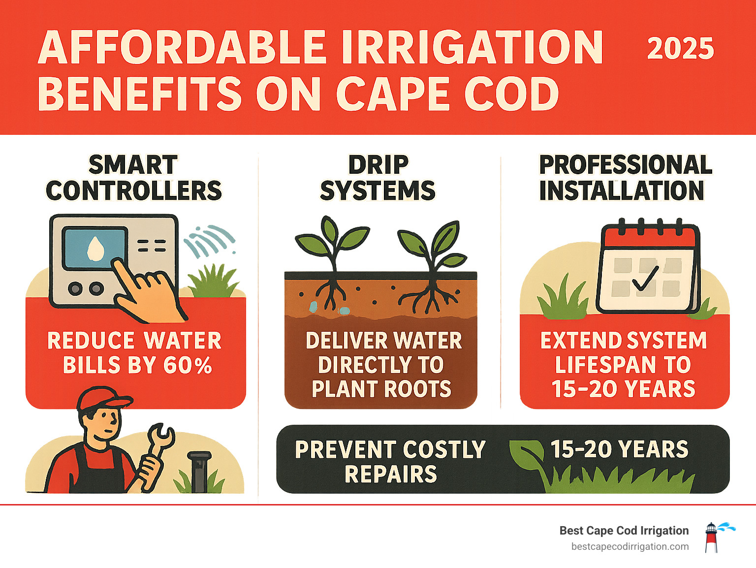 Infographic showing affordable irrigation benefits on Cape Cod: smart controllers reducing water bills by 60%, drip systems delivering water directly to plant roots, professional installation preventing costly repairs, and annual maintenance extending system lifespan to 15-20 years - affordable irrigation Cape Cod infographic 