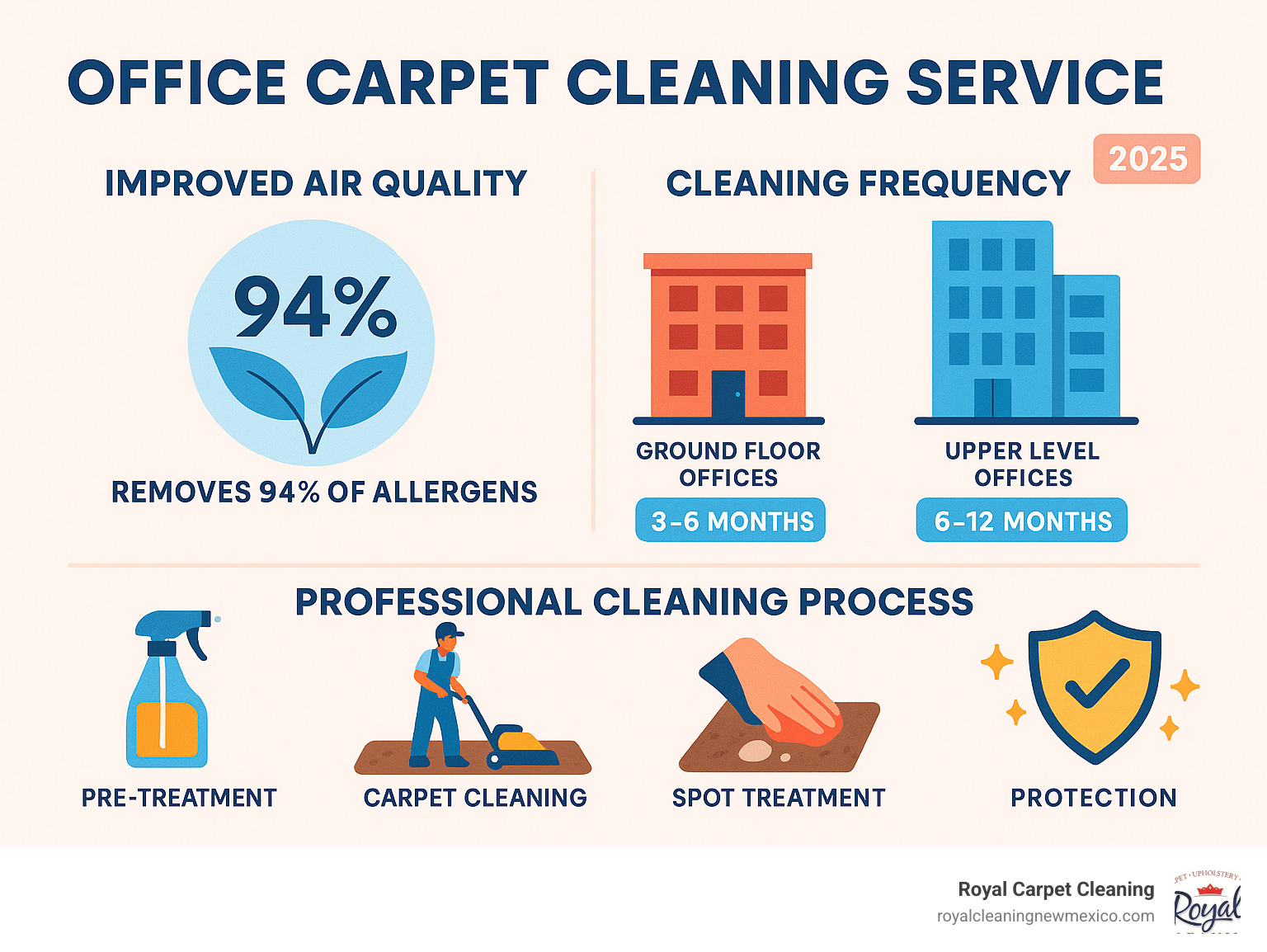 Comprehensive infographic showing office carpet cleaning benefits including improved air quality removing 94% of allergens, recommended cleaning frequencies for different office types, and the multi-step professional cleaning process from pre-treatment to protection - office carpet cleaning service infographic 
