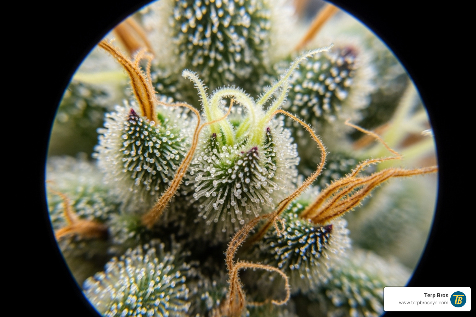 A macro shot of cannabis trichomes under a magnifying glass, with some milky and some amber, indicating optimal harvest time - jack herer automatic