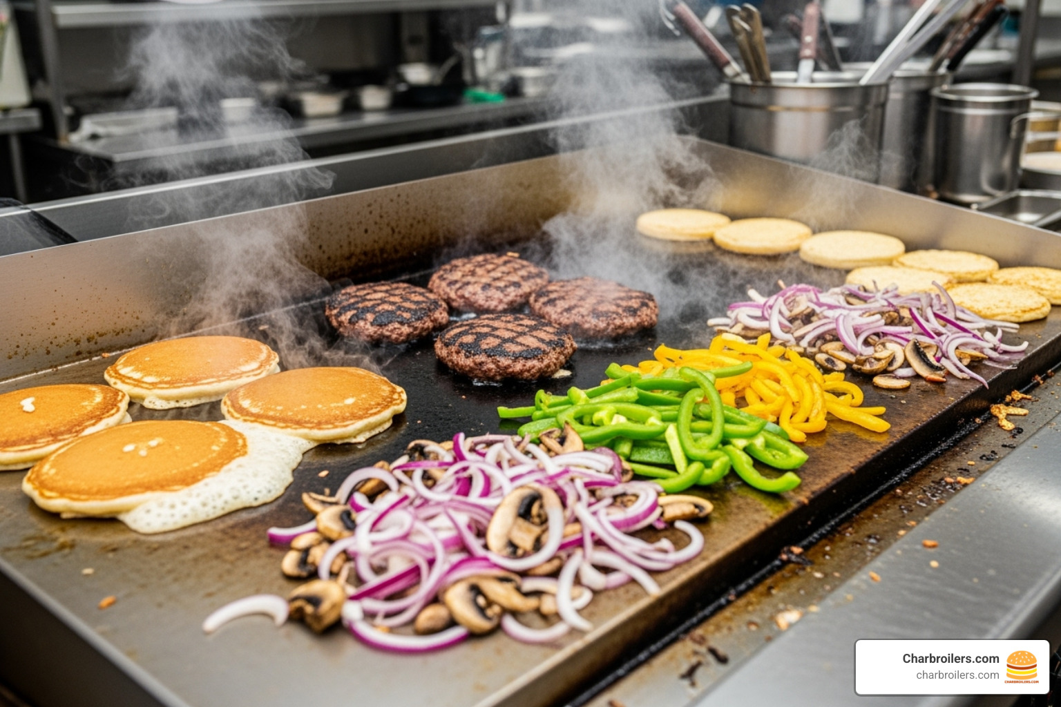 of various foods being cooked on the griddle (pancakes, burgers, vegetables) - attg 36