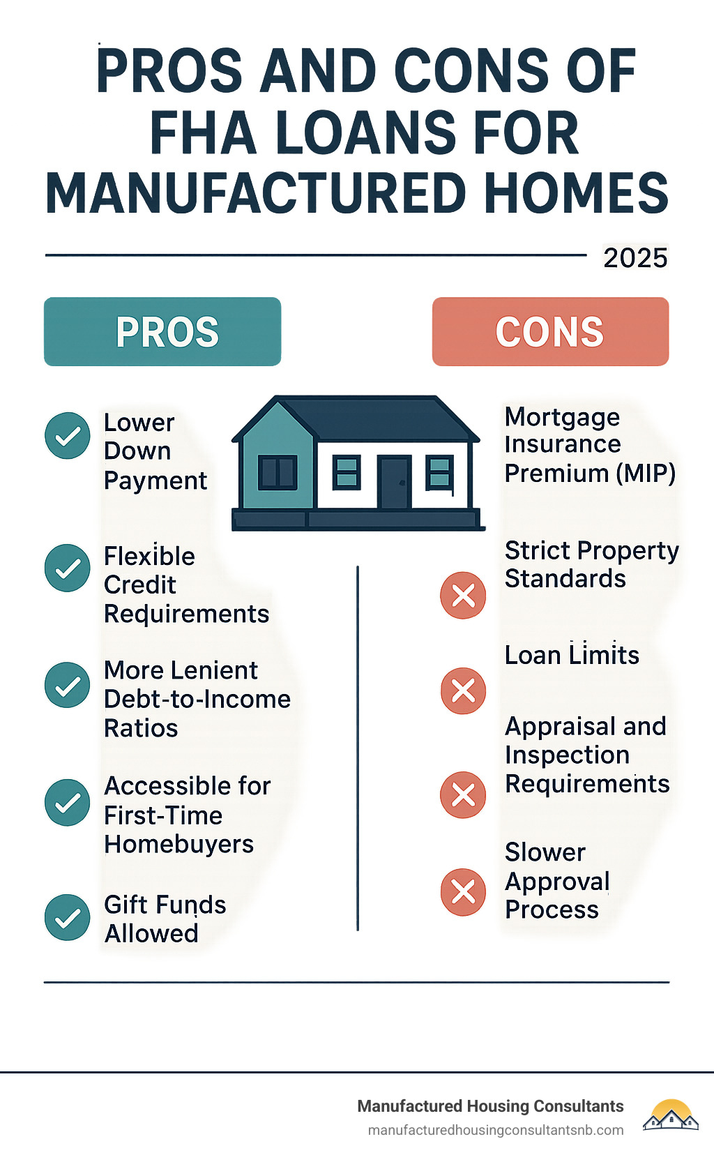Infographic listing Pros and Cons of FHA Loans for Manufactured Homes - clayton homes fha loans infographic 