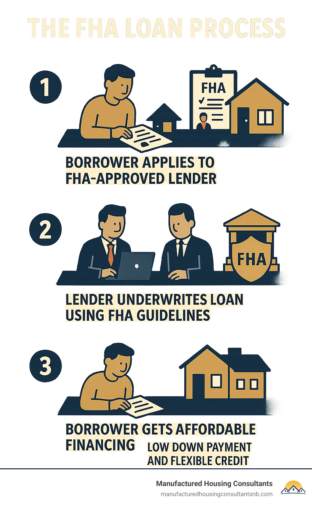 Infographic showing the FHA loan process: borrower applies to FHA-approved lender, lender underwrites loan using FHA guidelines, FHA insures the loan against default, borrower gets affordable financing with low down payment and flexible credit requirements - clayton homes fha loans infographic 
