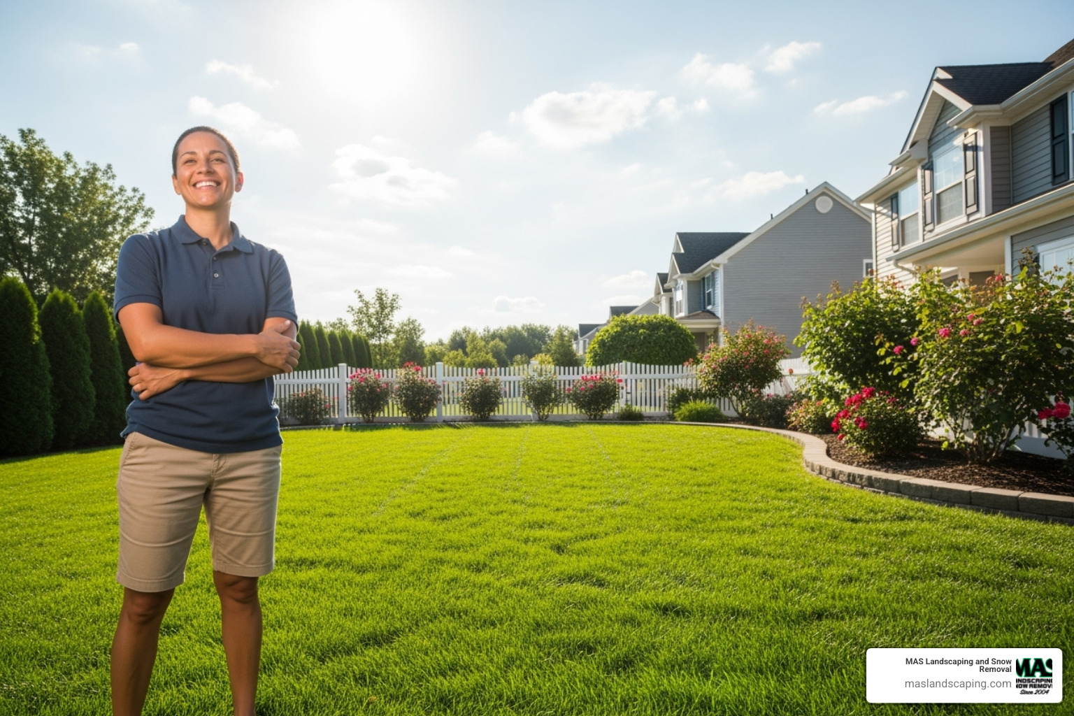happy homeowner with perfect lawn - lawn care services near me