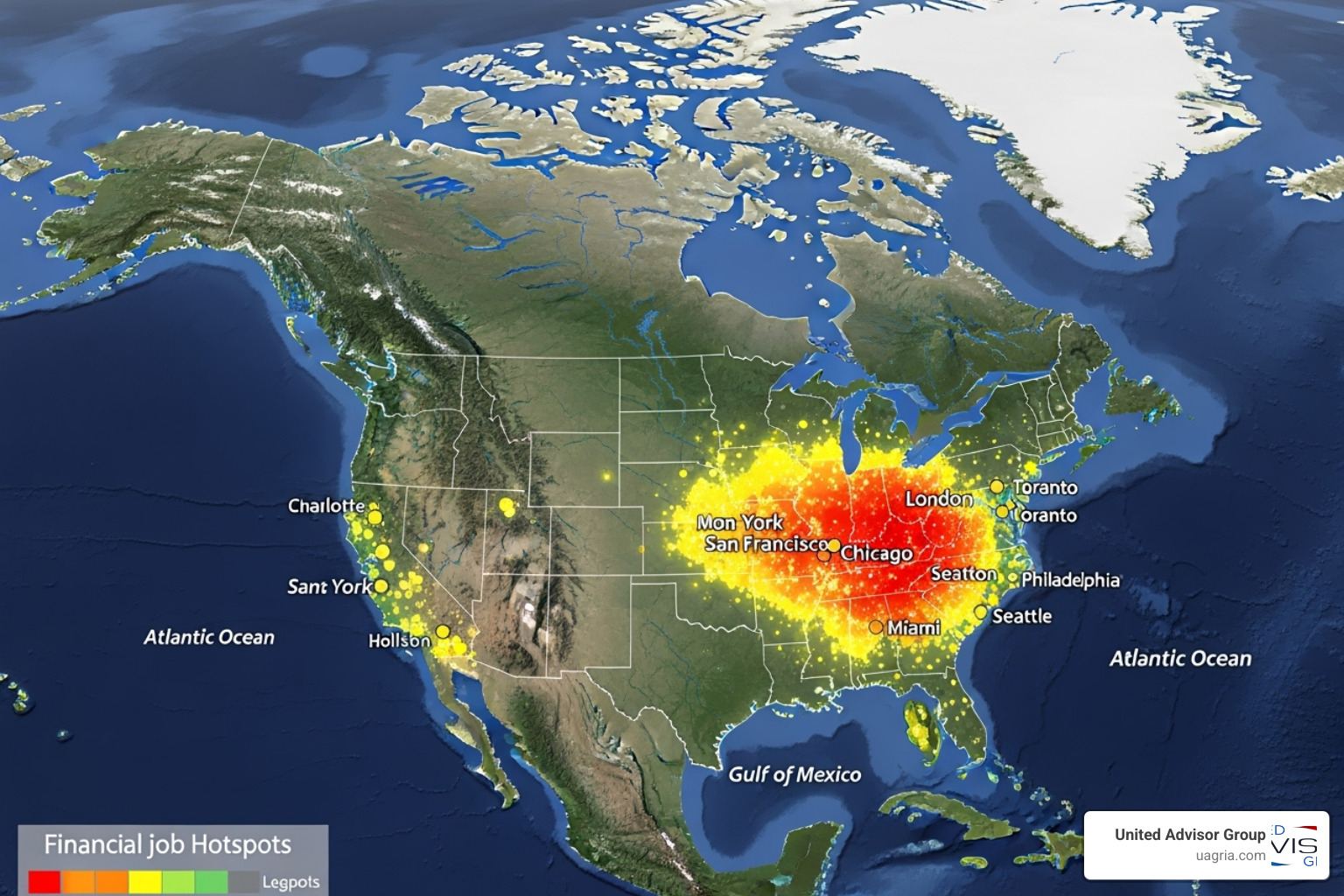 map highlighting financial job hotspots in North America - Financial advisor jobs