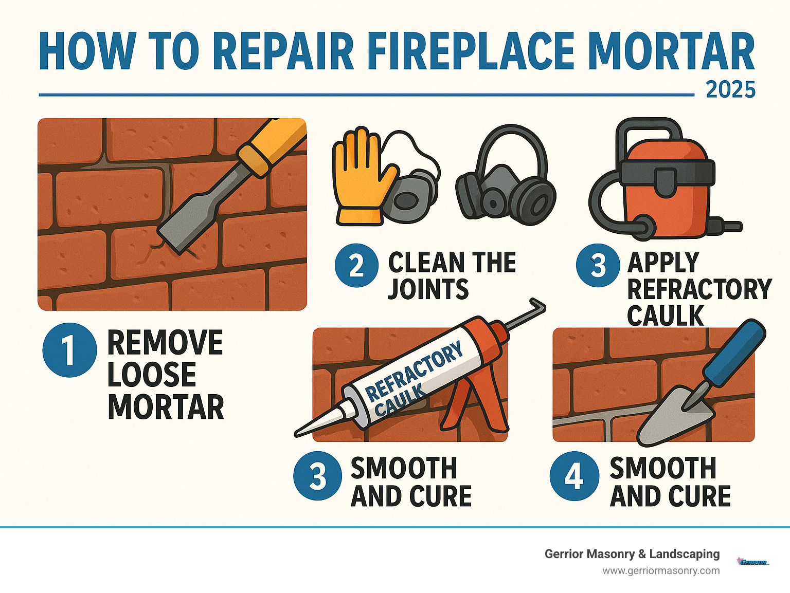 Step-by-step process showing fireplace mortar repair from damaged joints to finished repair, including tools needed like refractory caulk, safety equipment, and proper joint preparation techniques - how to repair fireplace mortar infographic 