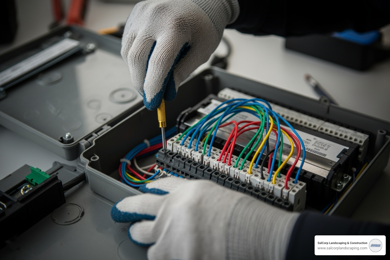 professional technician checking wiring on irrigation controller - irrigation system maintenance schedule