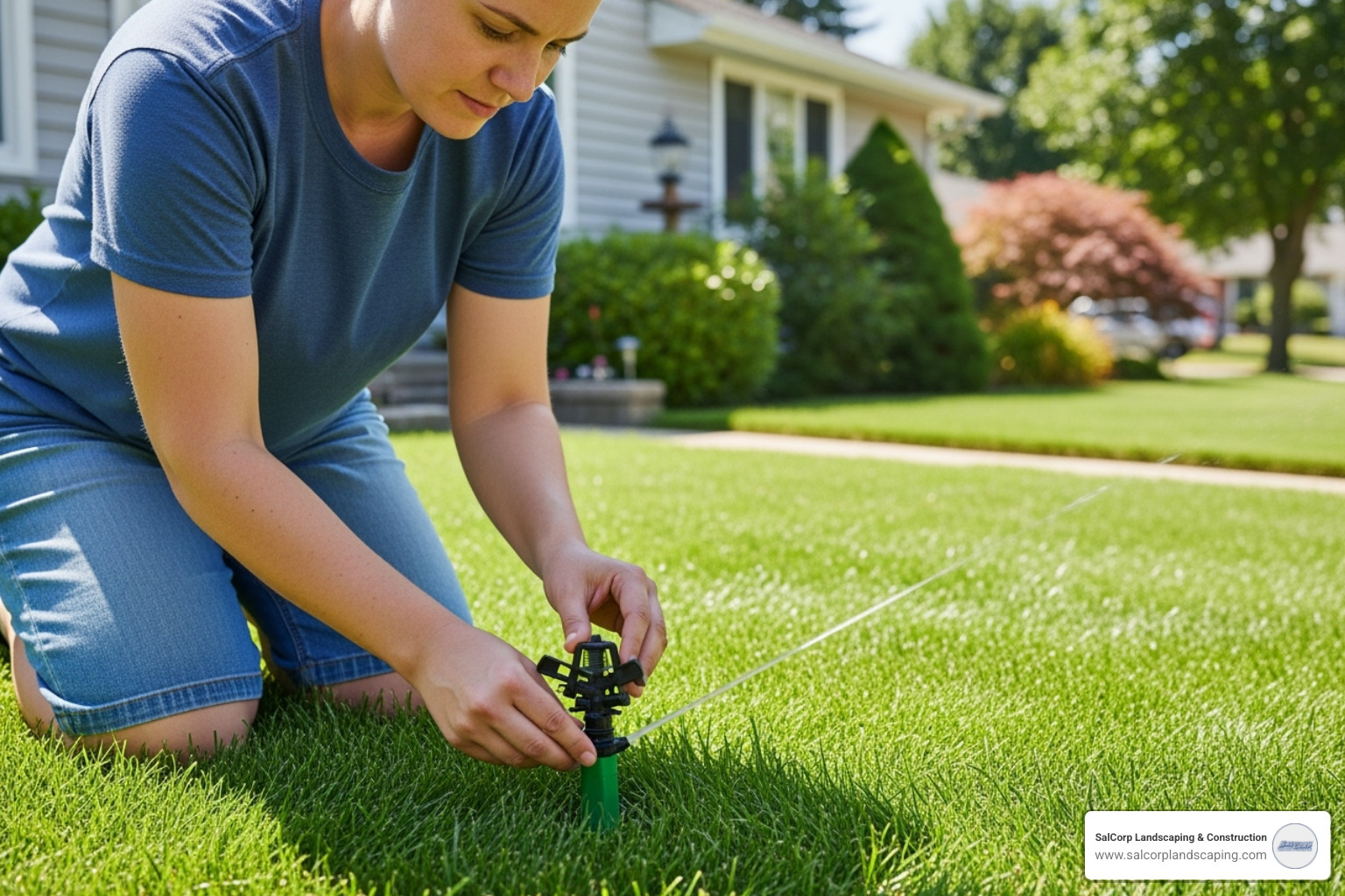 homeowner inspecting sprinkler head - irrigation system maintenance schedule