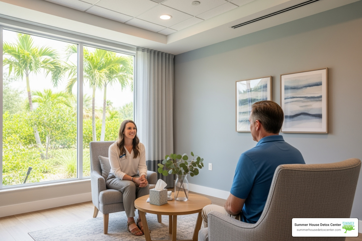 a serene therapy session at a Florida facility - alcohol detox timeline
