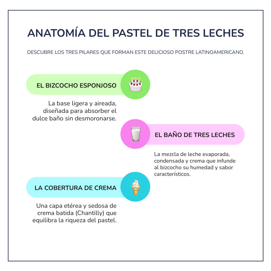 Infografía explicando los componentes de un pastel de tres leches: el bizcocho esponjoso, el baño de tres leches y la cobertura de crema. - crema para pastel de tres leches infographic infographic-line-3-steps-colors
