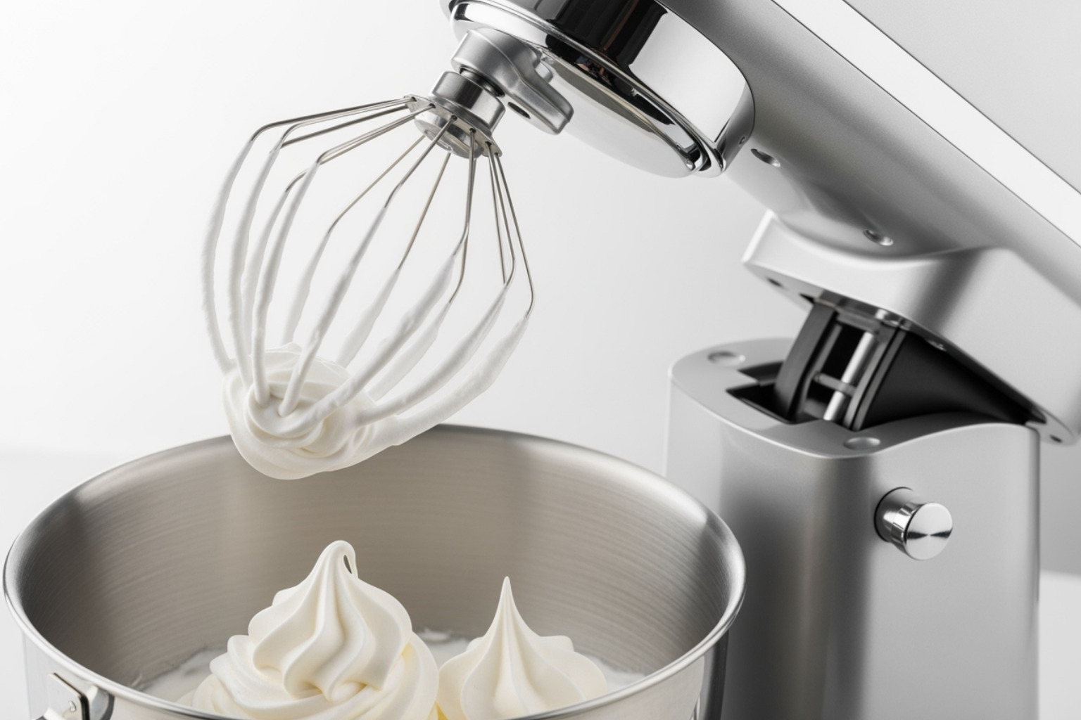 Una batidora eléctrica de pie con un tazón lleno de crema batida, mostrando la consistencia de "picos firmes" mientras las aspas están levantadas. - crema para pastel de tres leches
