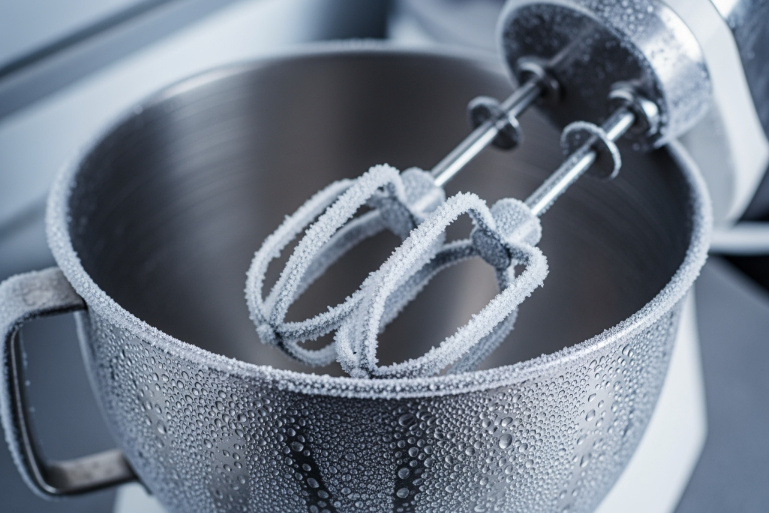 Un tazón de metal y batidores de una batidora eléctrica cubiertos de escarcha, mostrando que han sido enfriados en el congelador. - crema para pastel de tres leches
