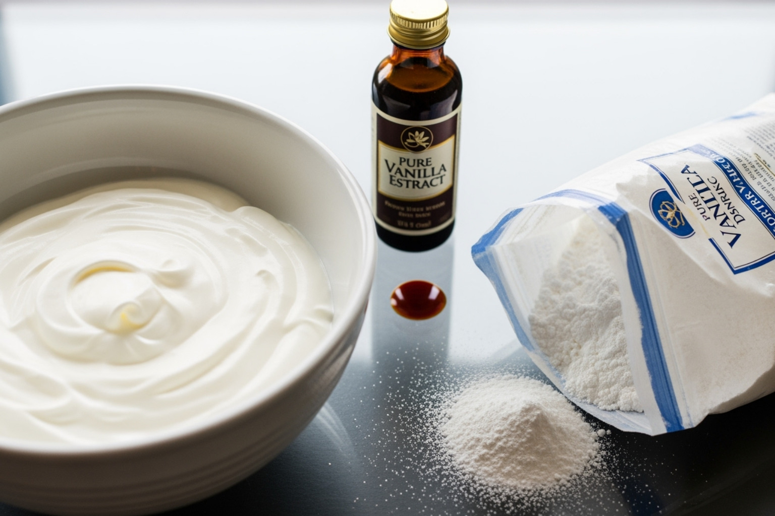 Ingredientes para crema batida: un tazón con crema para batir, un paquete de azúcar glass, y una botella de extracto de vainilla puro, dispuestos artísticamente sobre una superficie clara. - crema para pastel de tres leches