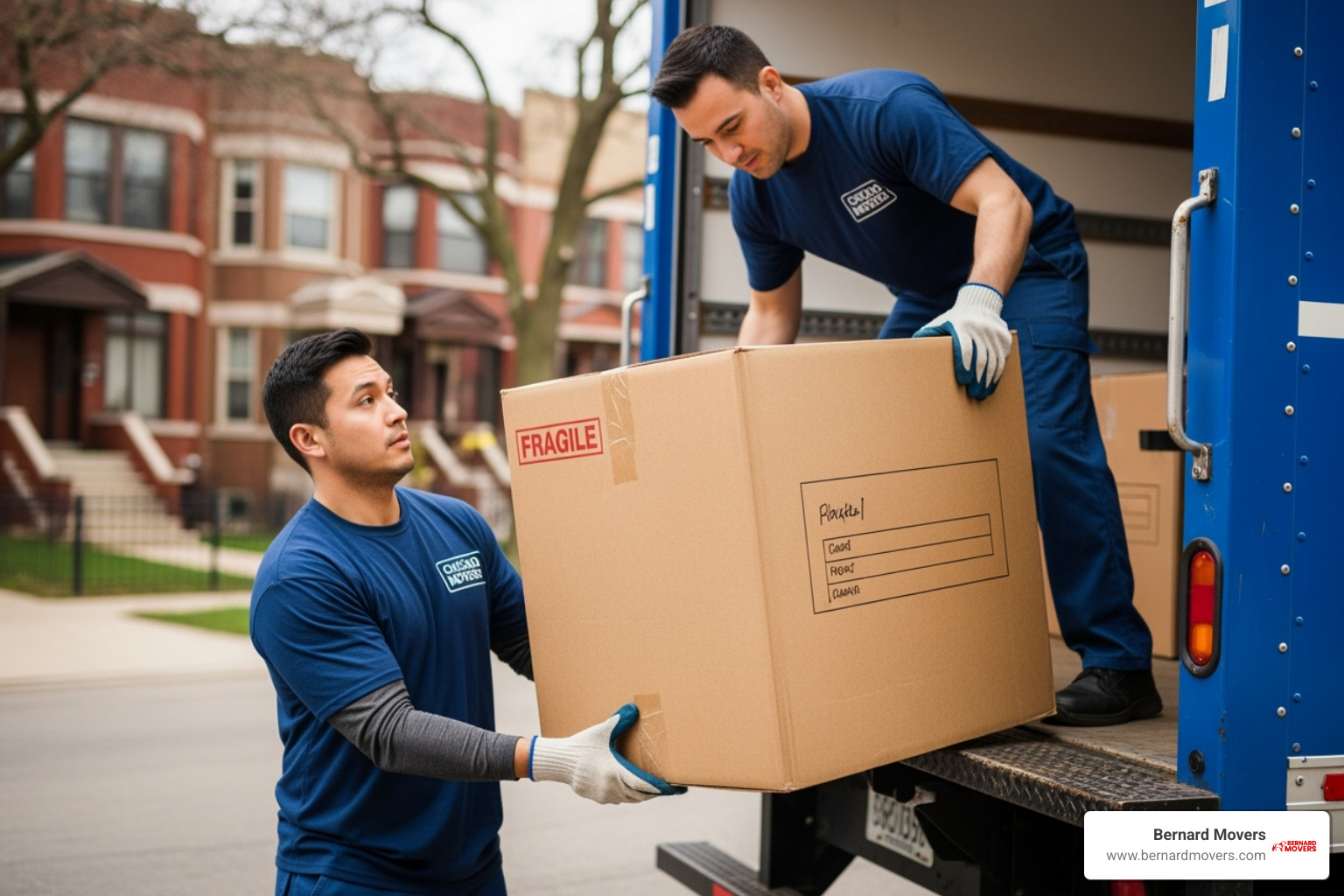 professional movers from Bernard Movers carefully loading a box onto a truck with a blurred Chicago or Melrose Park neighborhood in the background - local home moving service
