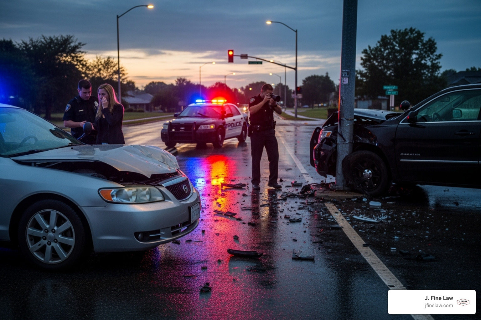 A car accident scene with police present, illustrating the immediate aftermath and the importance of official documentation. - car accident settlement help