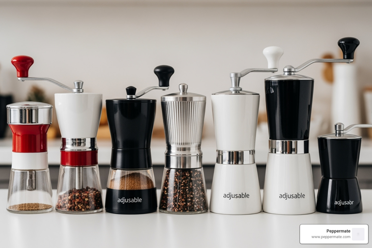 different types of Peppermate grinders side-by-side (manual, adjustable, ceramic) - how to use grinder