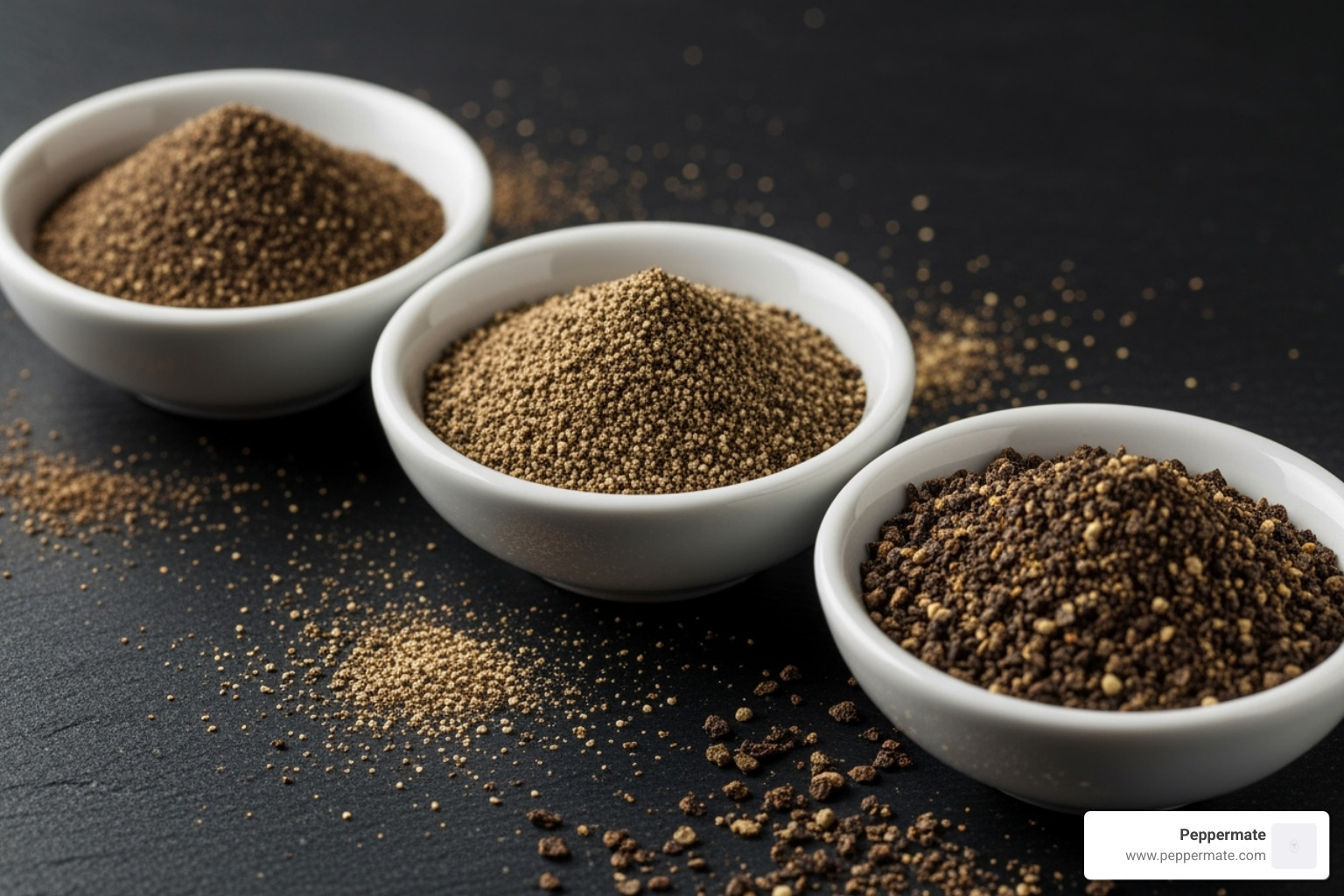 three small bowls with fine, medium, and coarse ground pepper - how to use grinder