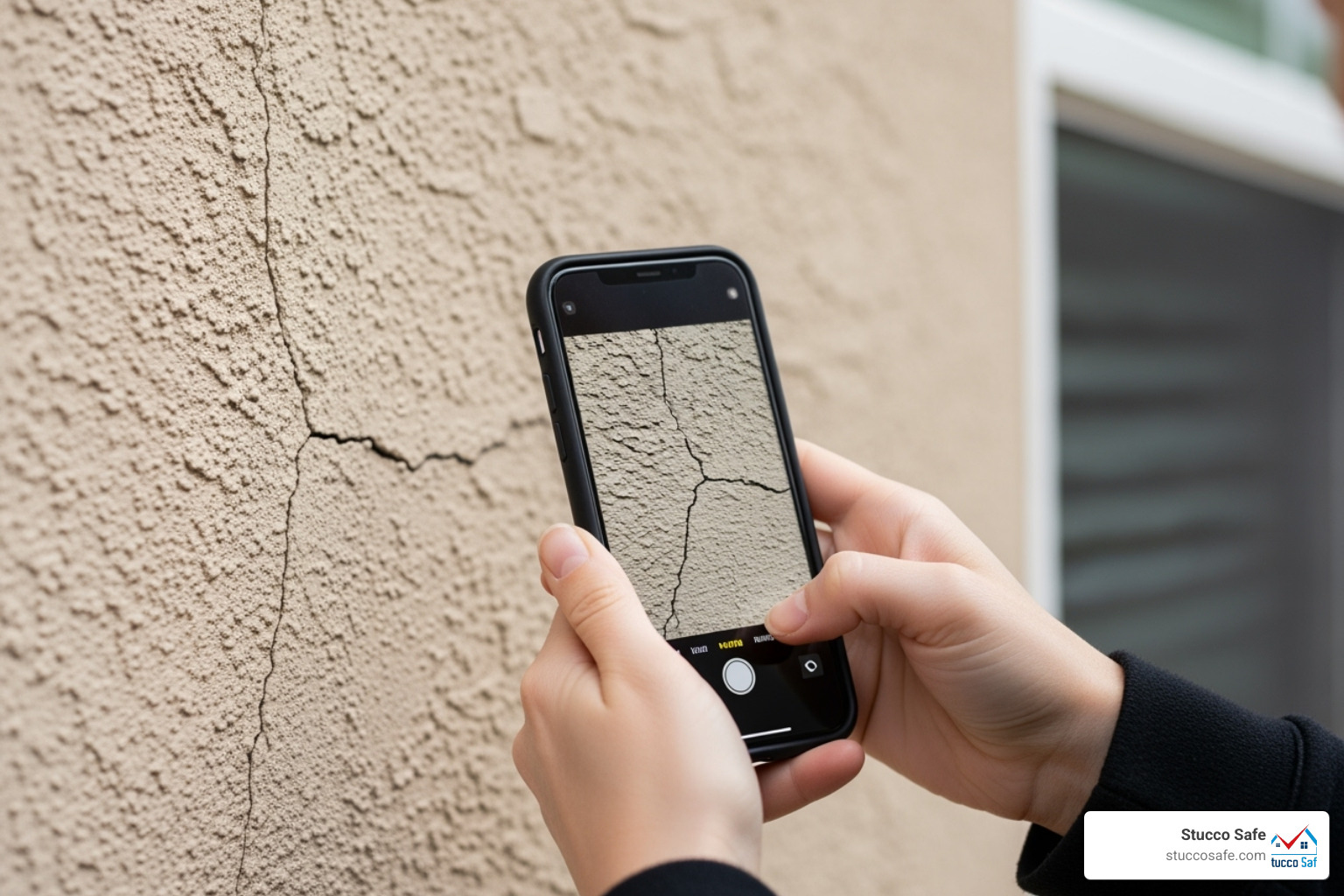 homeowner taking picture of crack - homeowners insurance stucco