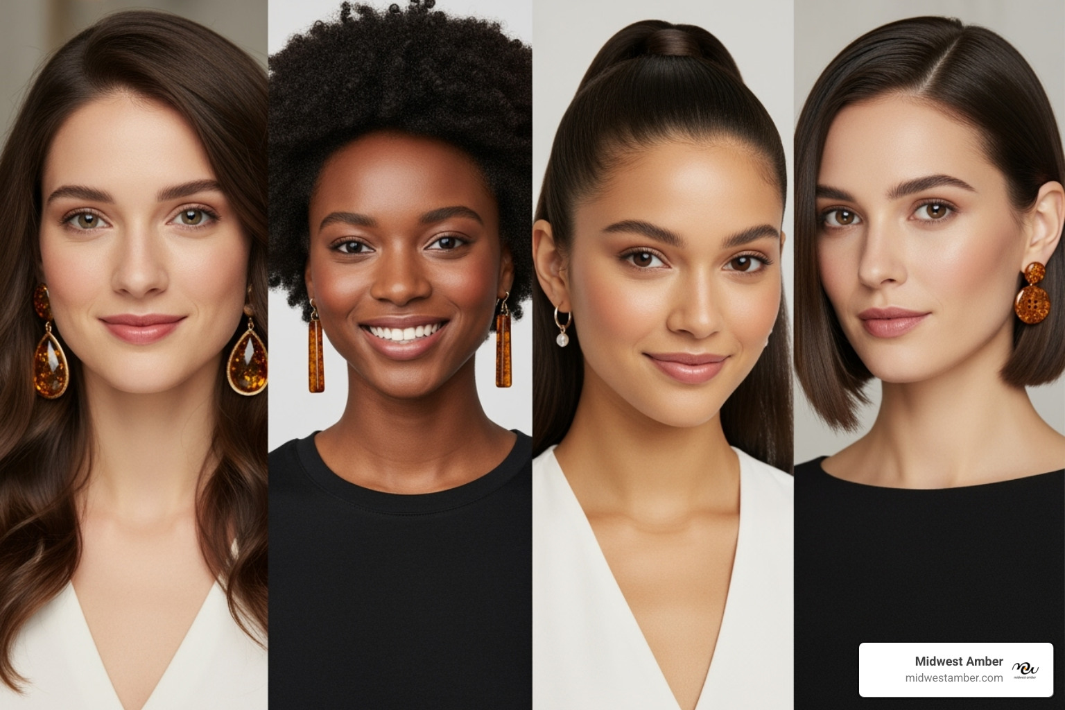 of four different women with varying face shapes wearing suitable amber earring styles - amber earrings