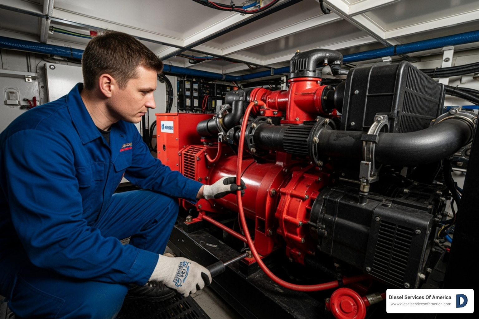 Technician inspecting a marine generator's cooling system - onan generator maintenance
