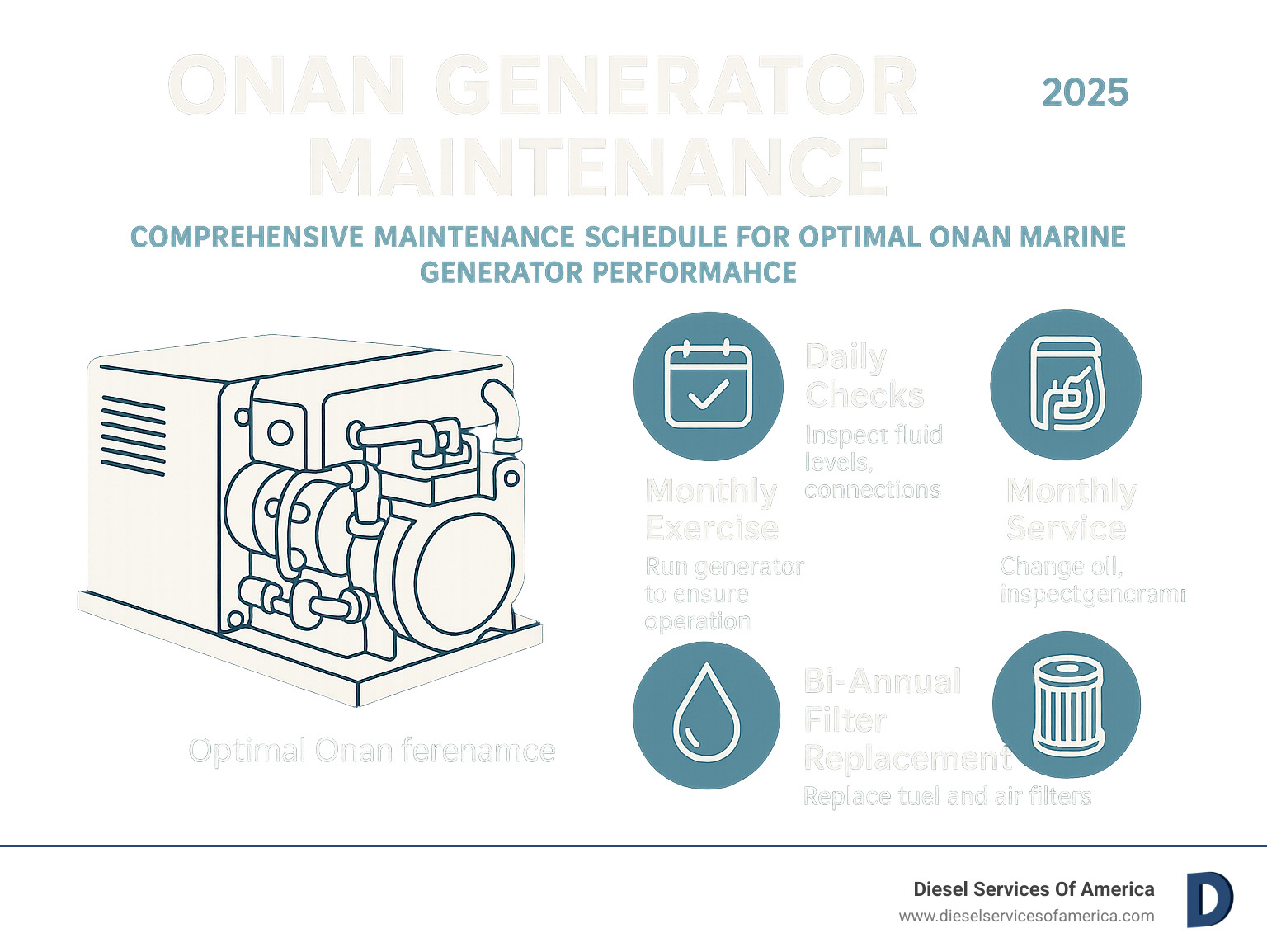Comprehensive maintenance schedule showing daily checks, monthly exercise routines, annual service intervals, and bi-annual filter replacements for optimal Onan marine generator performance - onan generator maintenance infographic 
