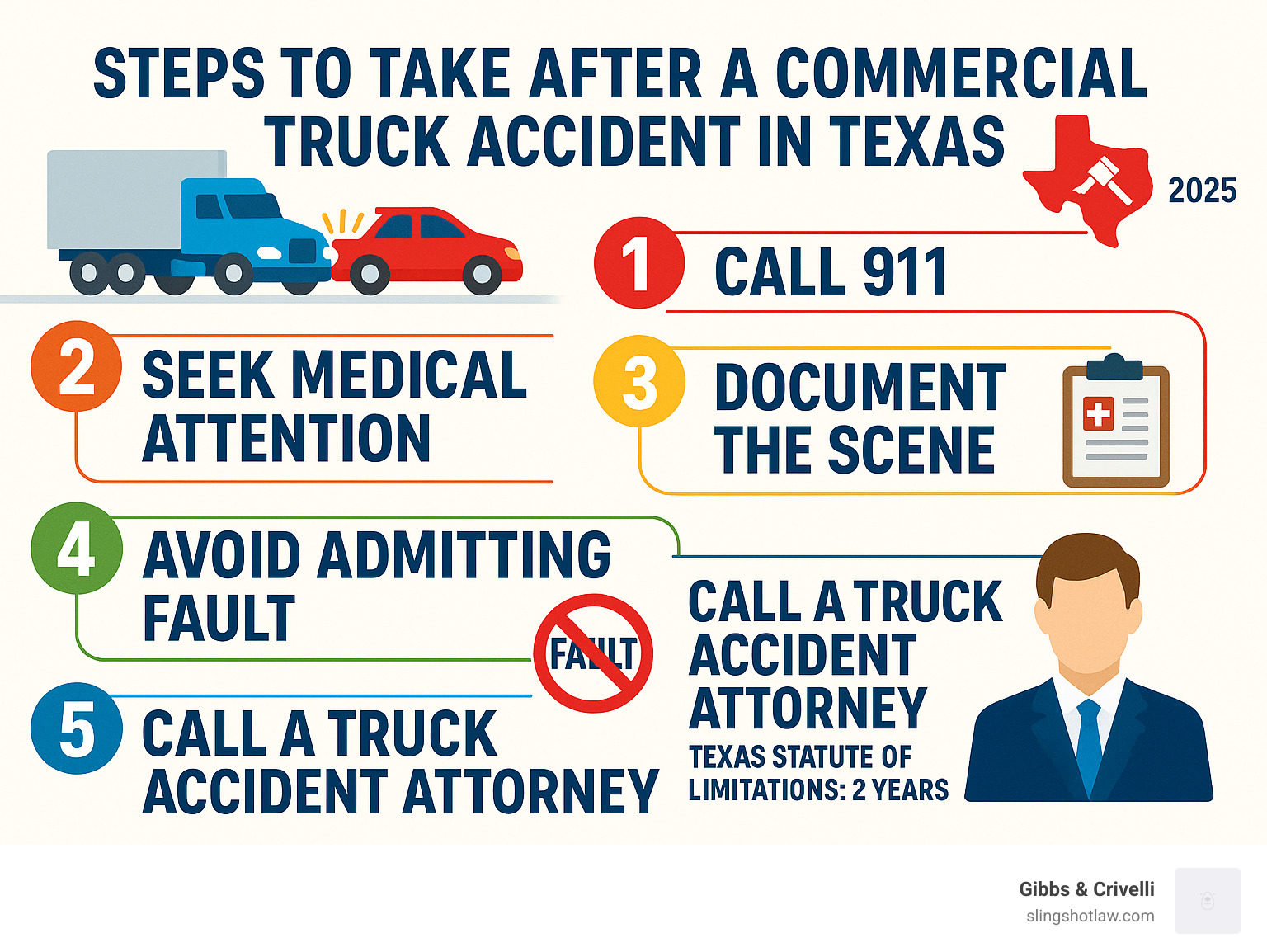 Detailed infographic showing the immediate steps to take after a commercial truck accident in Texas, including calling 911, seeking medical attention, documenting the scene, avoiding admissions of fault, contacting insurance companies, and calling a specialized truck accident attorney, with Texas-specific legal timeframes and requirements - attorney truck accident infographic 