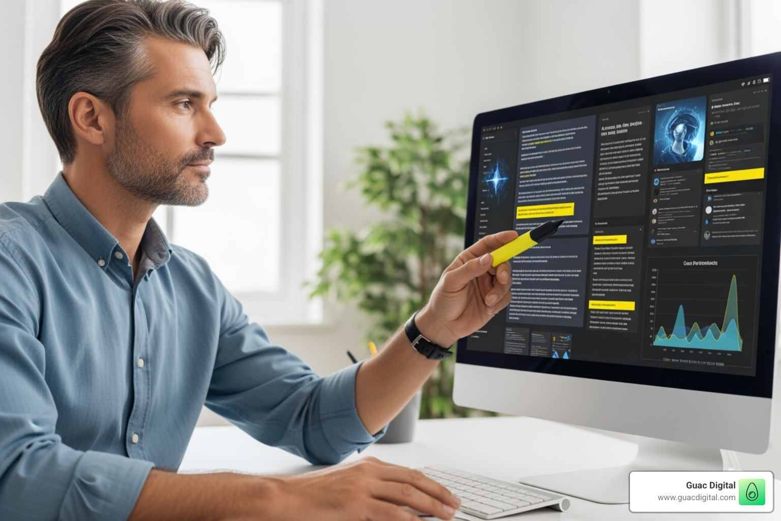 A marketing professional reviewing AI-generated content on a computer screen, highlighting the need for human oversight and critical evaluation - AI SEO