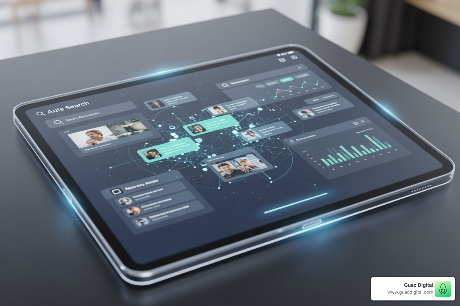 A futuristic search interface on a tablet, showing personalized, conversational results, emphasizing the shift towards intuitive, AI-driven interactions - AI SEO