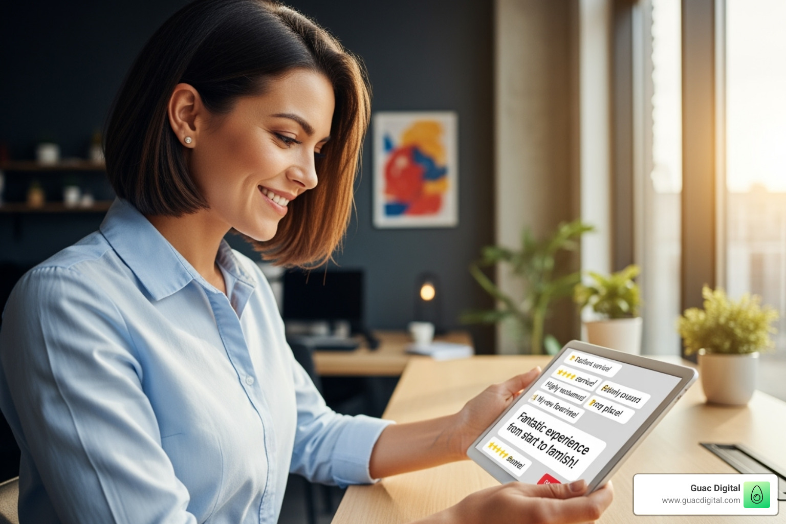 business owner smiling while reading positive customer feedback on a tablet - Online reputation management