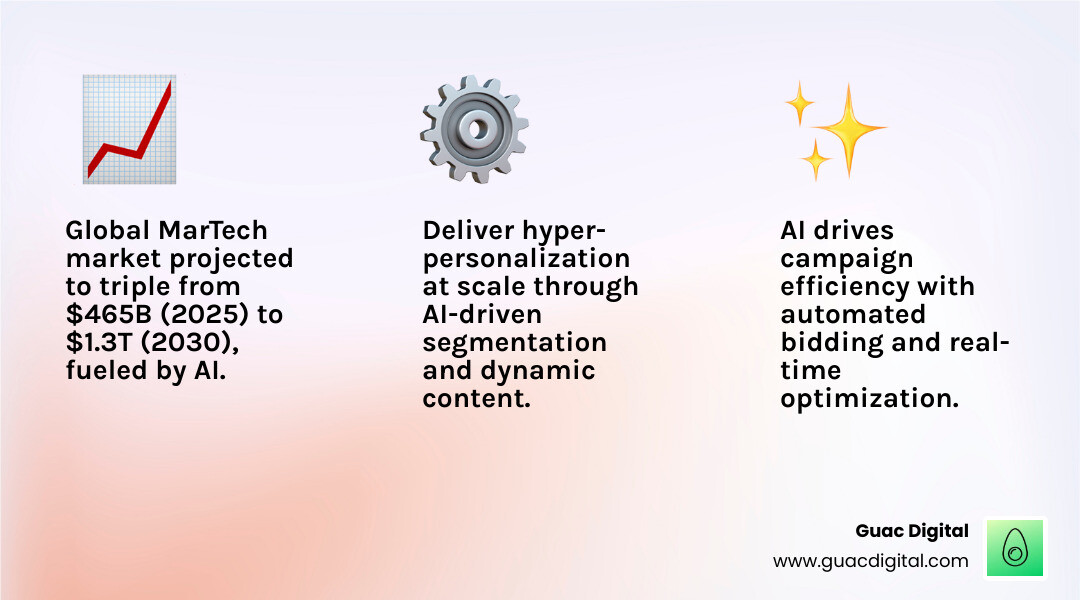 Infographic showing how AI and Automation improve Digital Marketing in Tampa, Florida, by streamlining processes, personalizing campaigns, and optimizing ROI, with lime green accents. - Digital campaign management infographic 3_facts_emoji_light-gradient