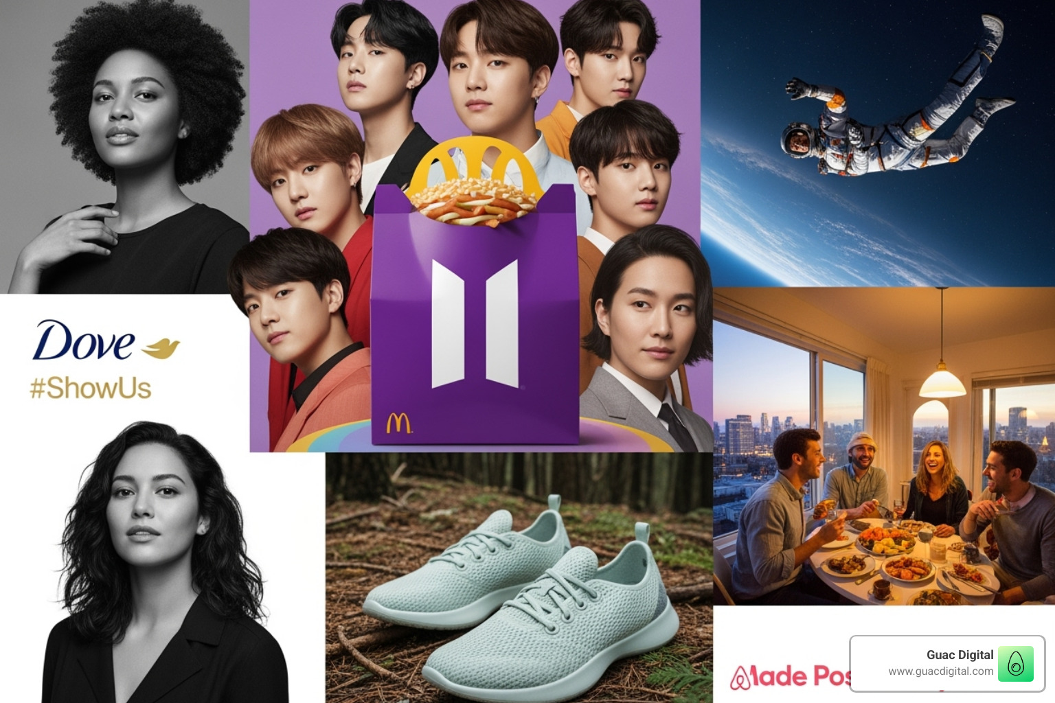 Collage of successful campaign visuals from well-known global brands including McDonald's BTS Meal, Dove #ShowUs, Allbirds FutureCraft.Footprint, Airbnb Made Possible By Hosts, and Red Bull Stratos. - Digital campaign management