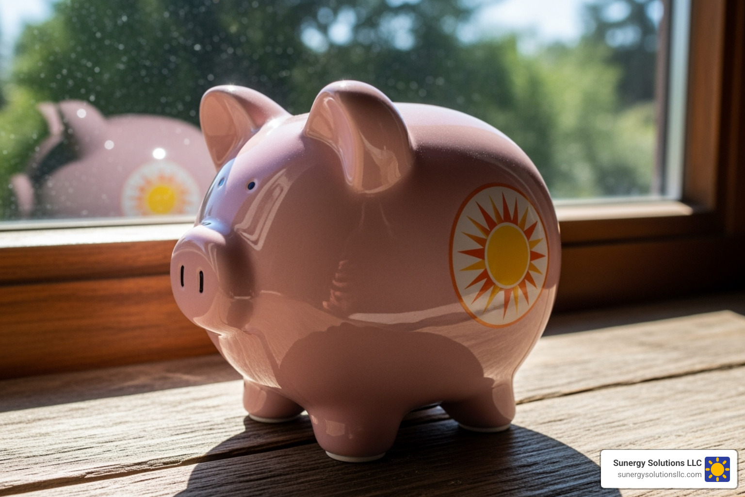 piggy bank with sun logo on it, sitting on a windowsill - solar energy options for homes