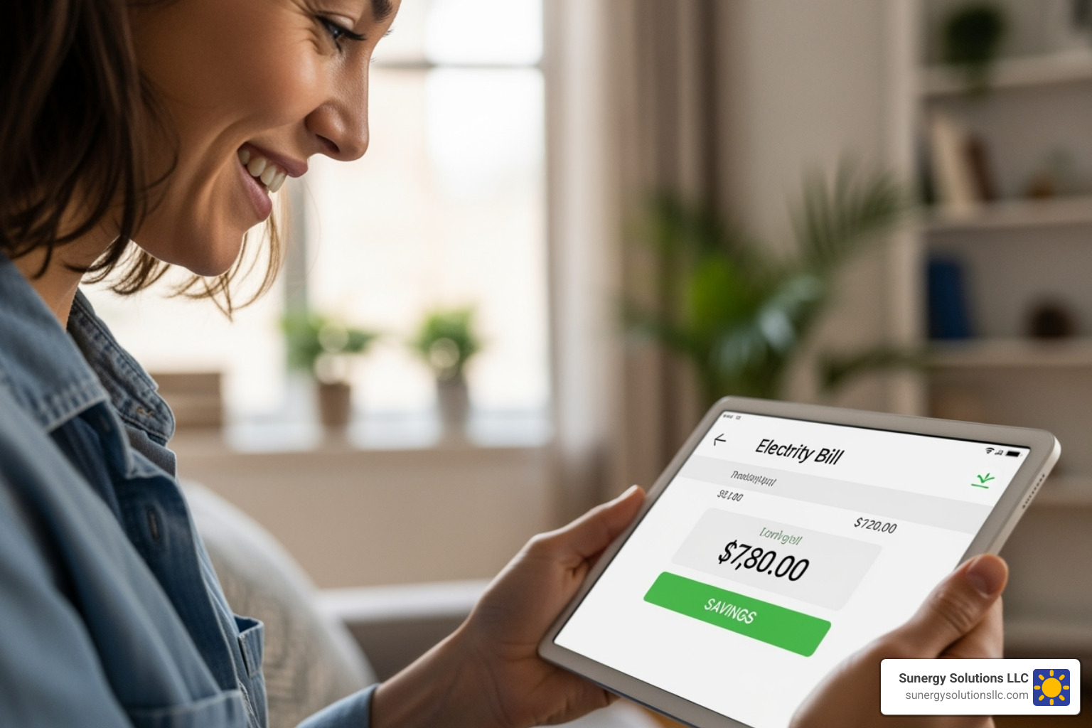 homeowner smiling looking at low electricity bill on tablet - solar energy options for homes