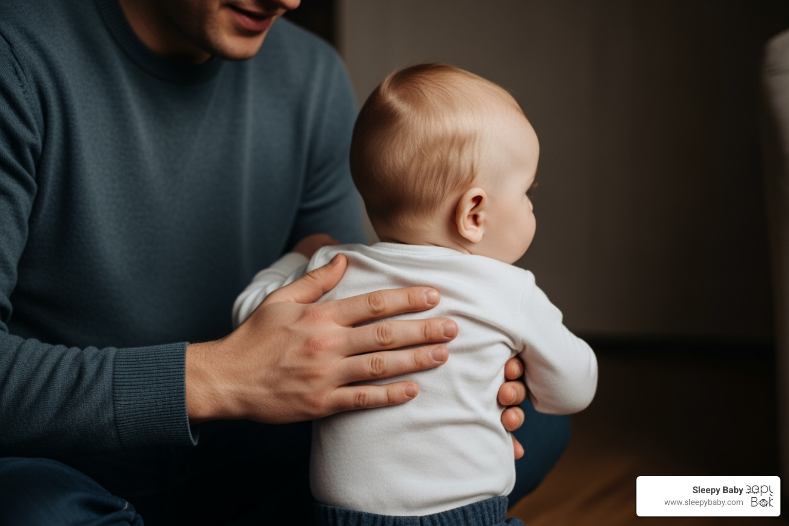 Image of a parent gently patting a baby's back in a dimly lit room - baby cries while sleeping