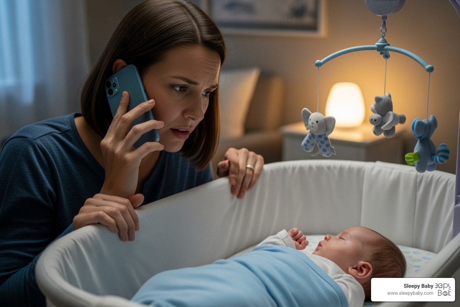 Image of a parent on the phone looking concerned while checking on their baby - baby cries while sleeping