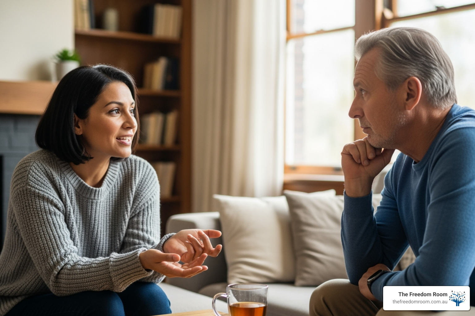 Two family members practicing active listening - emotional support for families
