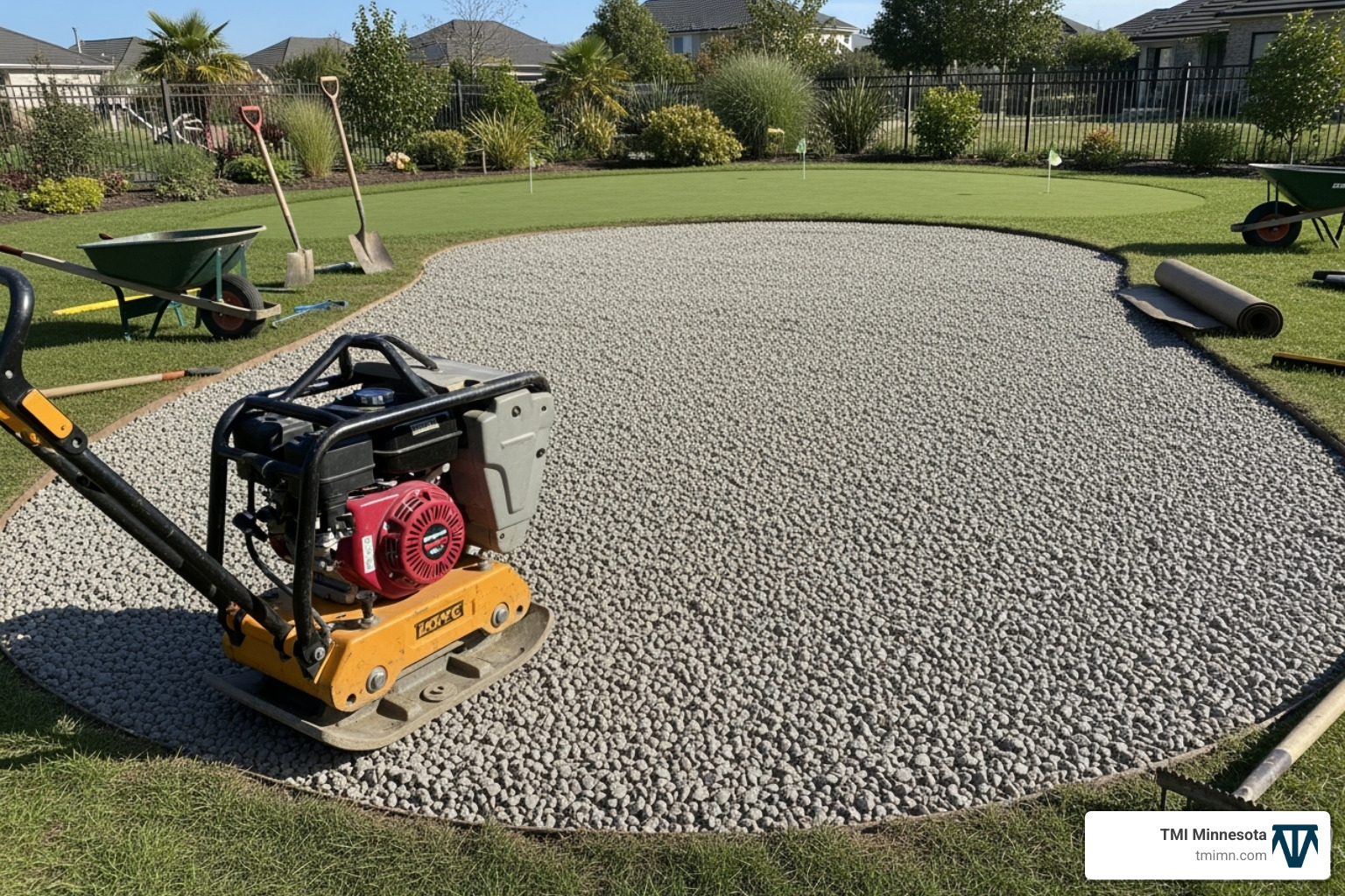 base preparation phase of a putting green installation, showing the compacted aggregate base - home putting green turf base preparation phase of a putting green installation, showing the compacted aggregate base - home putting green turf