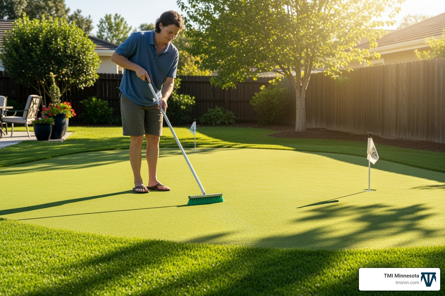 someone lightly brushing their home putting green - home putting green turf someone lightly brushing their home putting green - home putting green turf