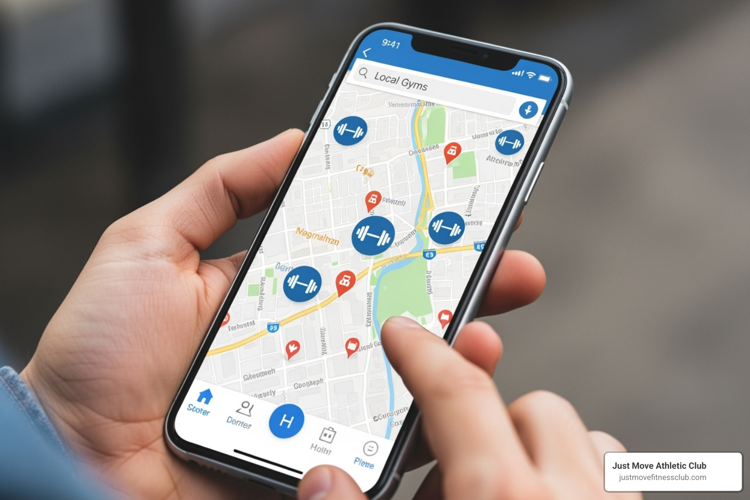 A person on a smartphone searching for local gyms with a map app open - gyms with smoothie bars near me