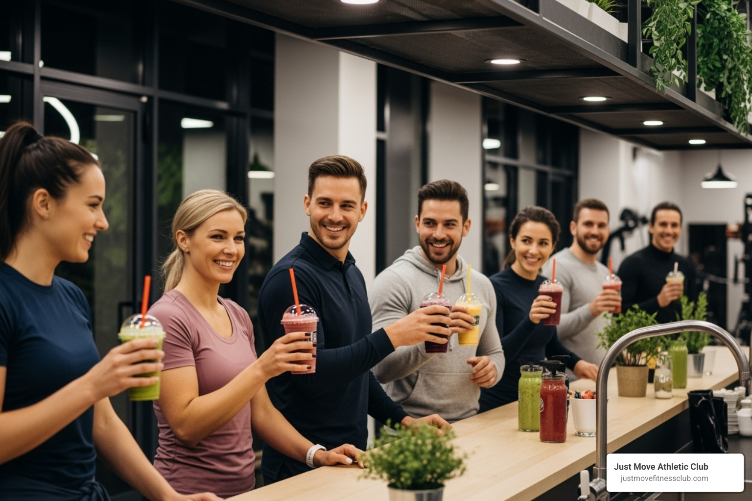 A group of smiling people enjoying smoothies at a gym's juice bar, showcasing community and convenience - gyms with smoothie bars near me