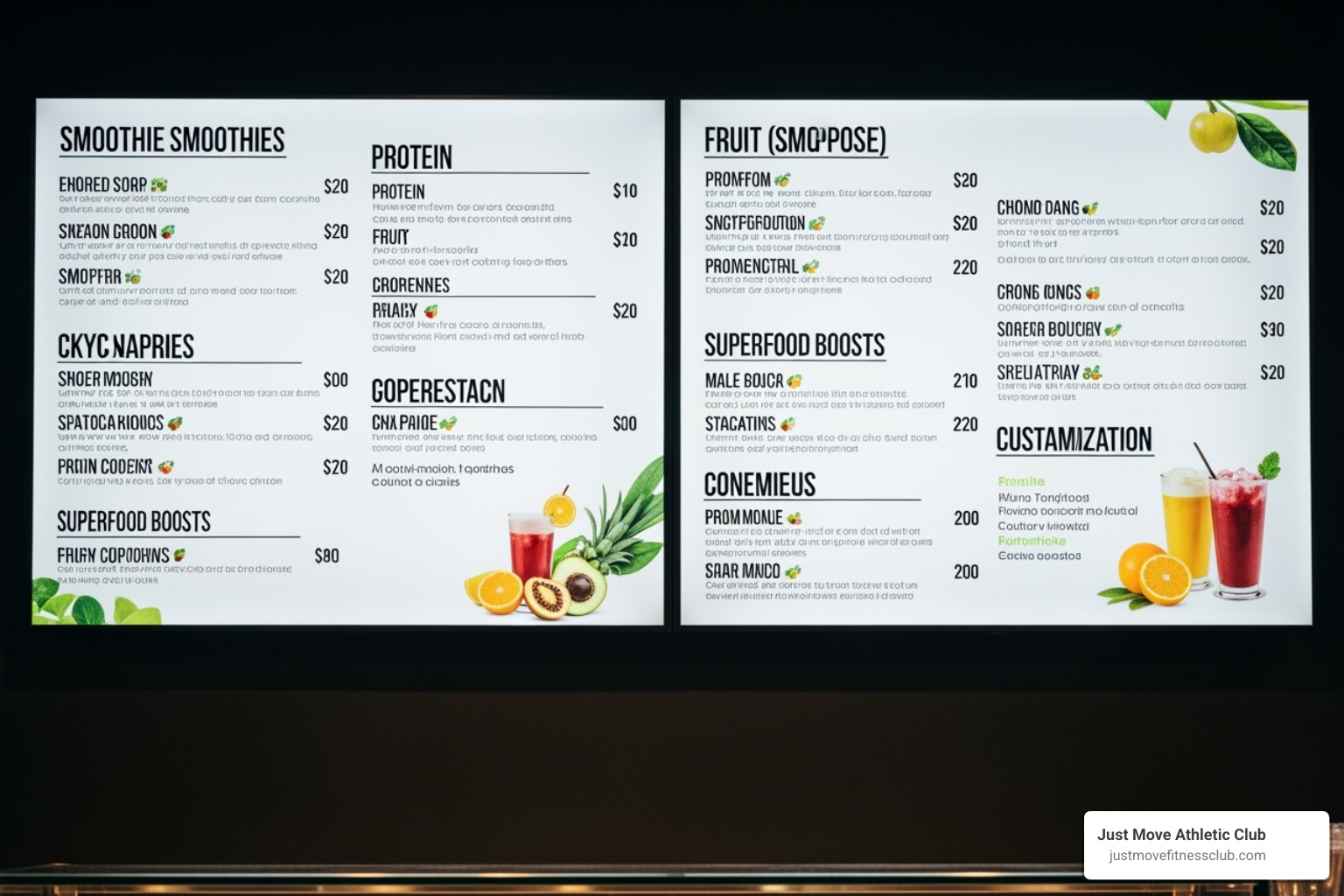 A diverse smoothie bar menu board, showcasing various options and add-ins - gyms with smoothie bars near me