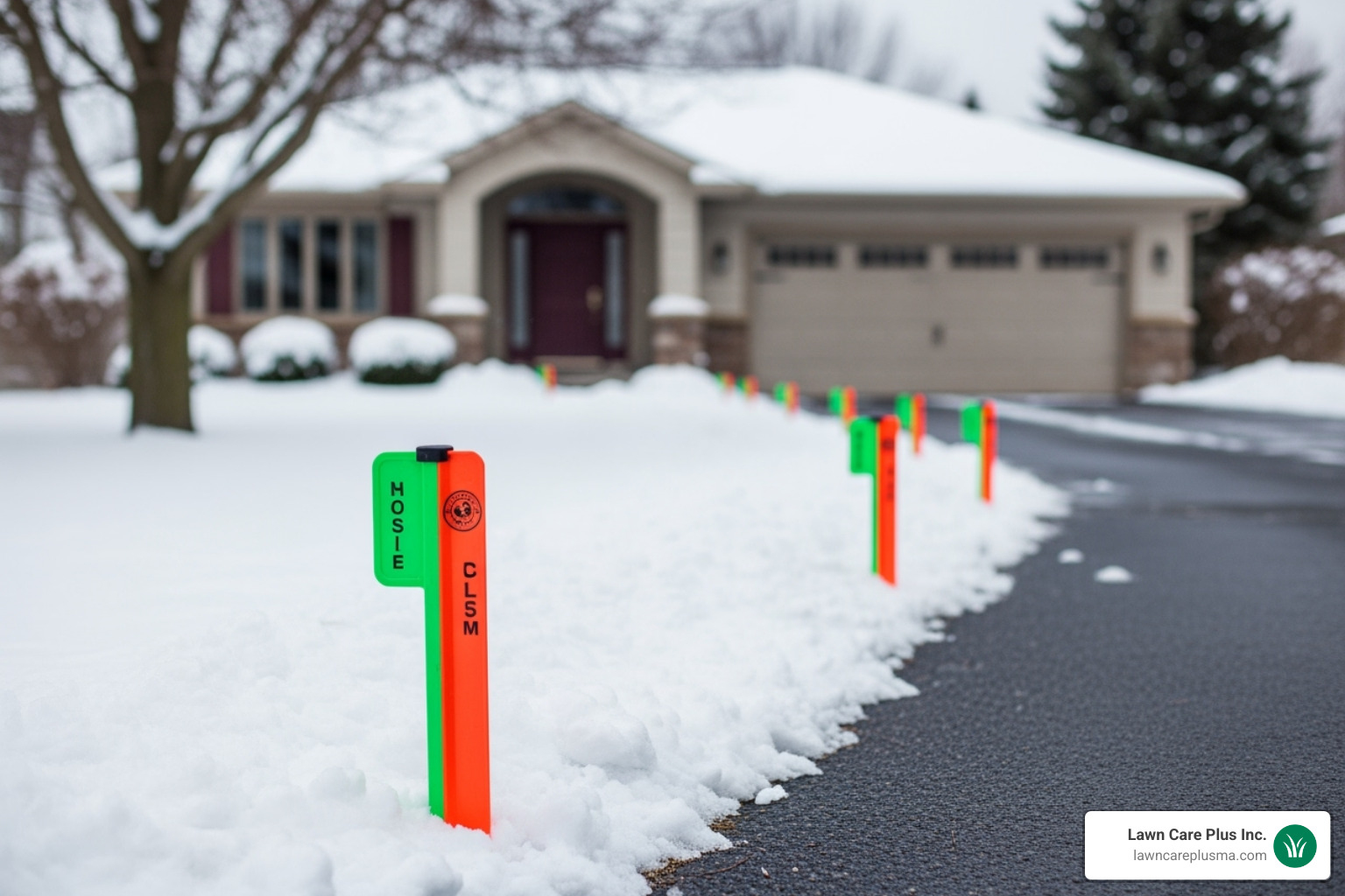 brightly colored stakes marking the edge of a driveway - snow plow service
