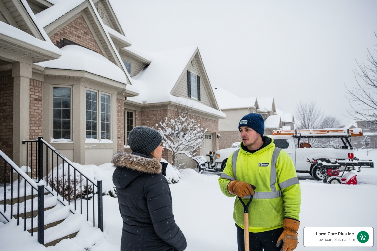 homeowner speaking with a uniformed snow removal professional - snow plow service