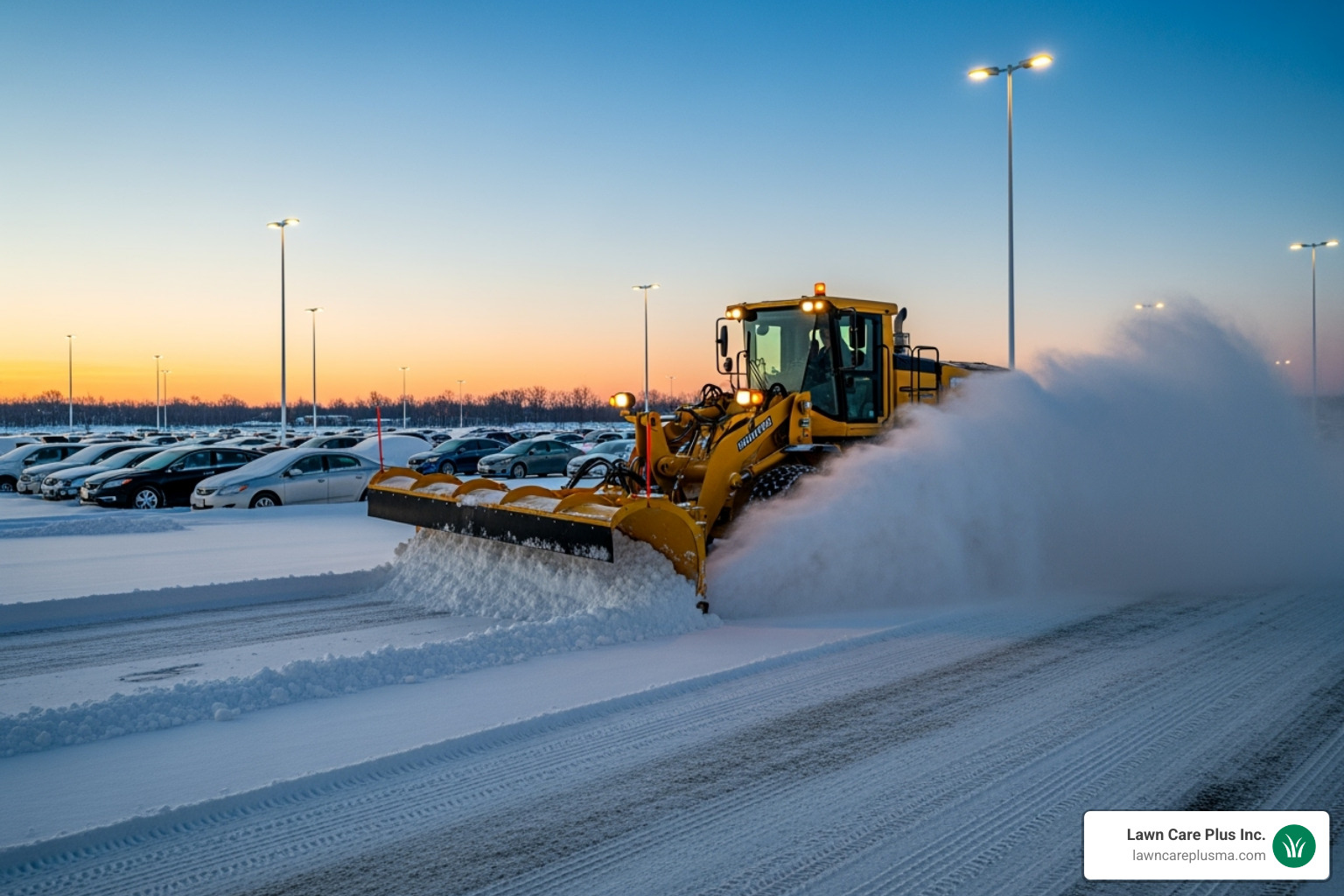 commercial snow plow clearing a parking lot - snow plow service