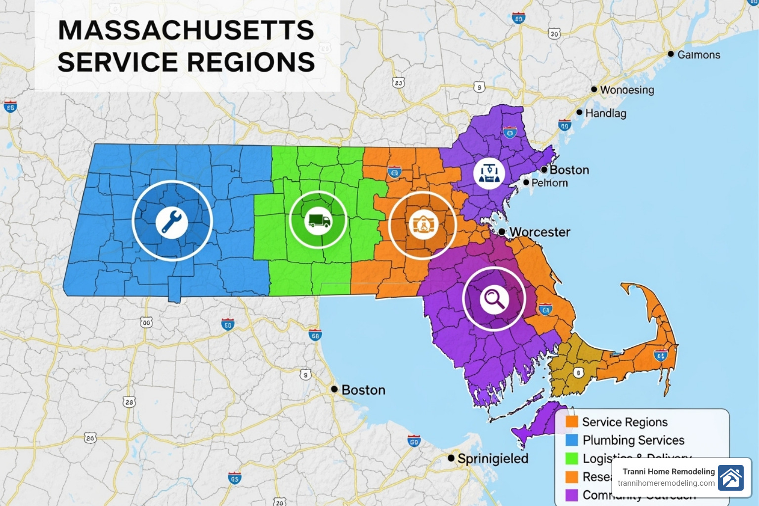 a map highlighting Tranni Home Remodeling's service areas in Massachusetts - bathroom remodeling services near me a map highlighting Tranni Home Remodeling's service areas in Massachusetts - bathroom remodeling services near me