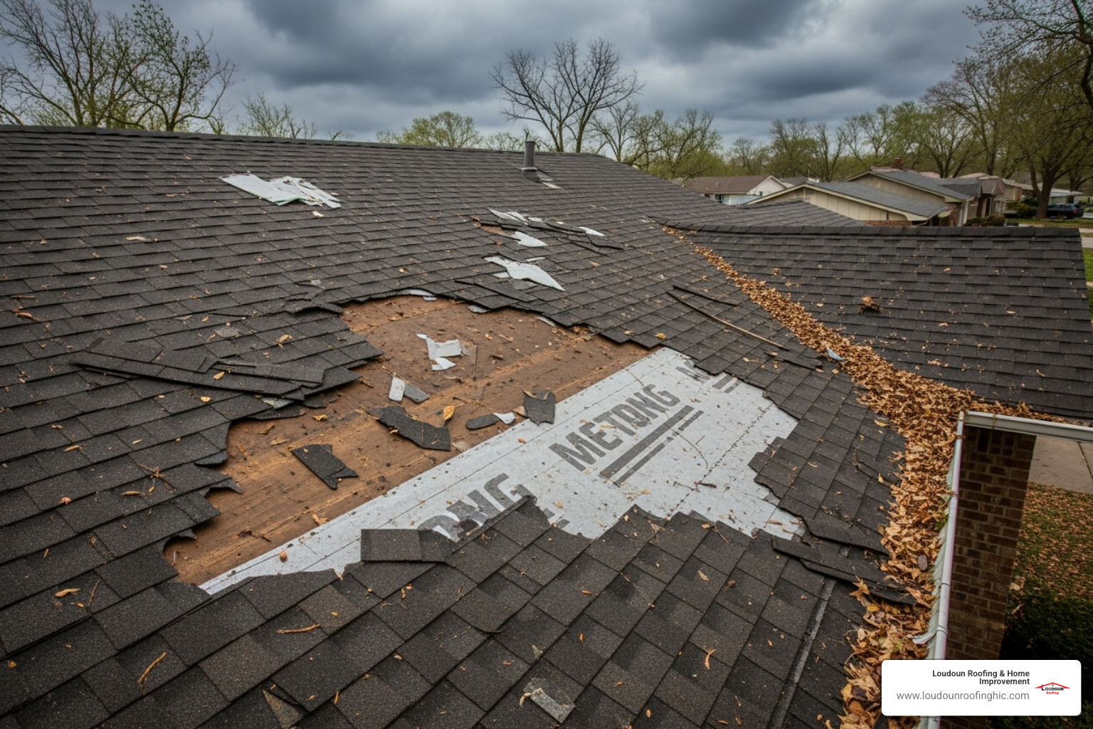 Roof with visible storm damage (missing shingles) - roofing company great falls va